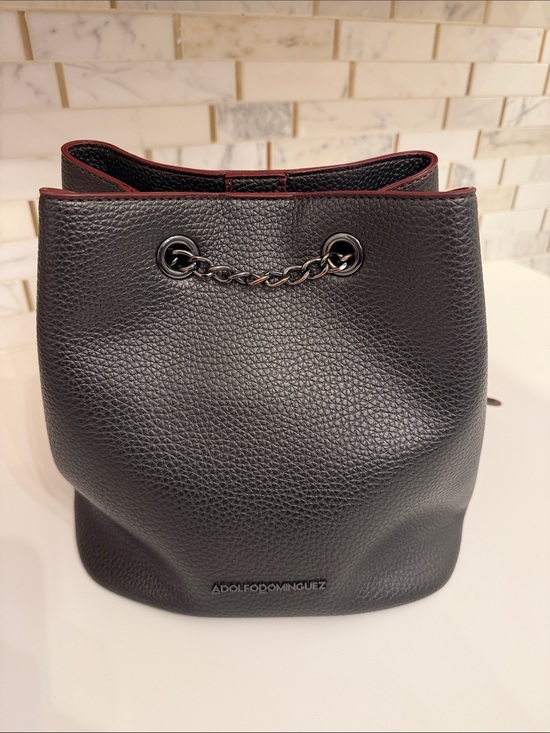 Adolfo Dominguez Handbags - Adolfo Dominguez Black Bucket Bag with Burgundy Trim and Gunmetal Chain